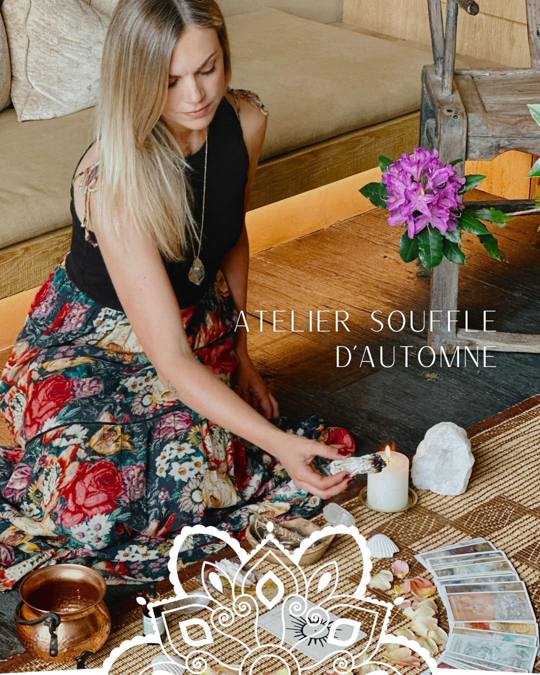 Femme préparant un rituel d’automne avec cristaux et tarot